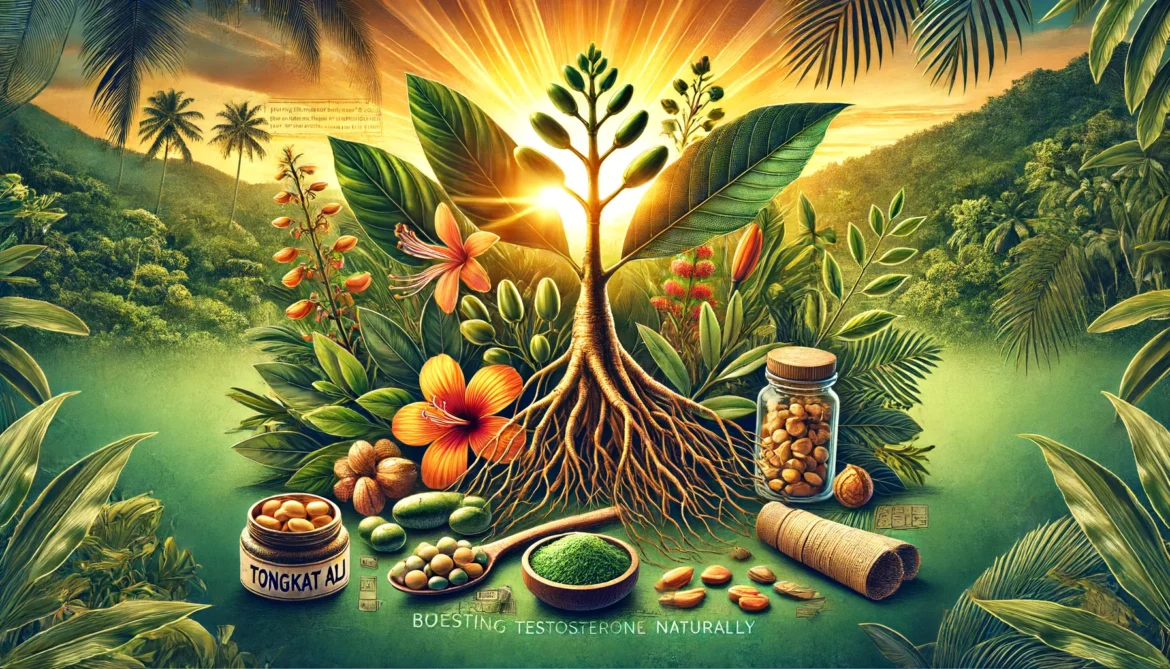 DALL·E 2024-06-18 10.59.01 – A vibrant and detailed image showcasing the Tongkat Ali plant in its natural habitat. Highlight the plant’s roots and leaves prominently, emphasizing