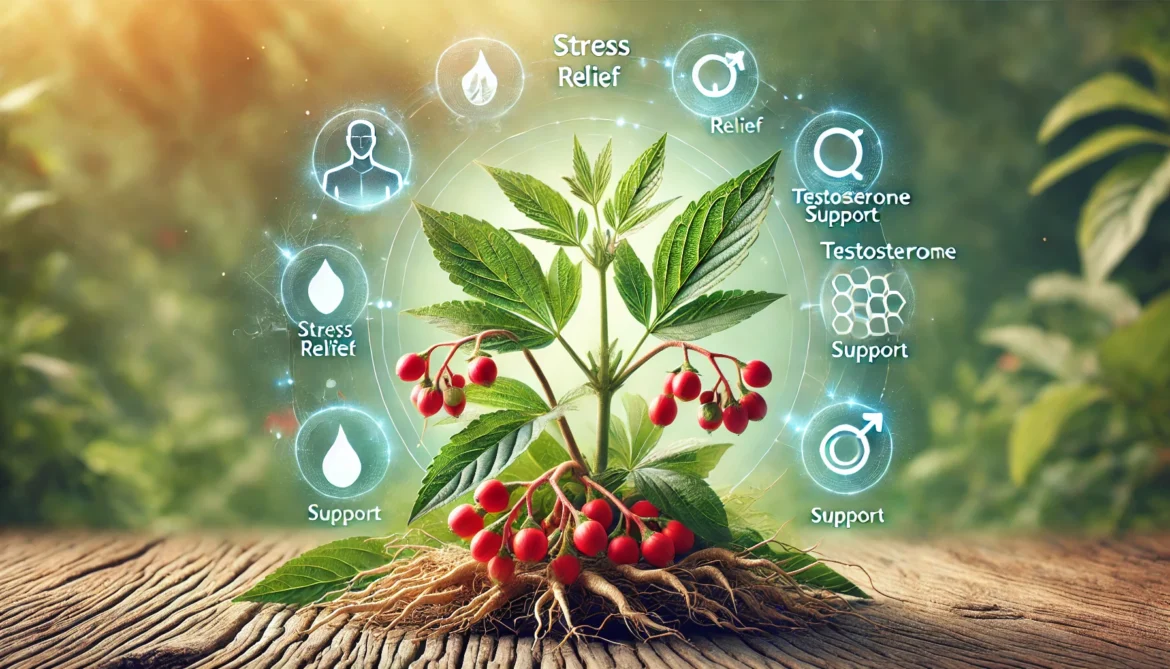 DALL·E 2024-06-22 13.50.21 – A vibrant image showcasing Ashwagandha, an Ayurvedic herb, highlighting its benefits for stress relief and testosterone support. The image features a