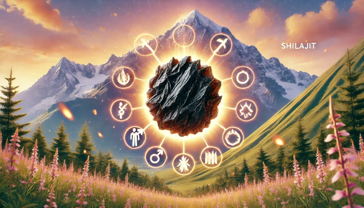 DALL·E 2024-06-22 13.57.33 – A vibrant image showcasing Shilajit, the Himalayan superfood, highlighting its benefits for enhancing male vitality. The image features Shilajit in it