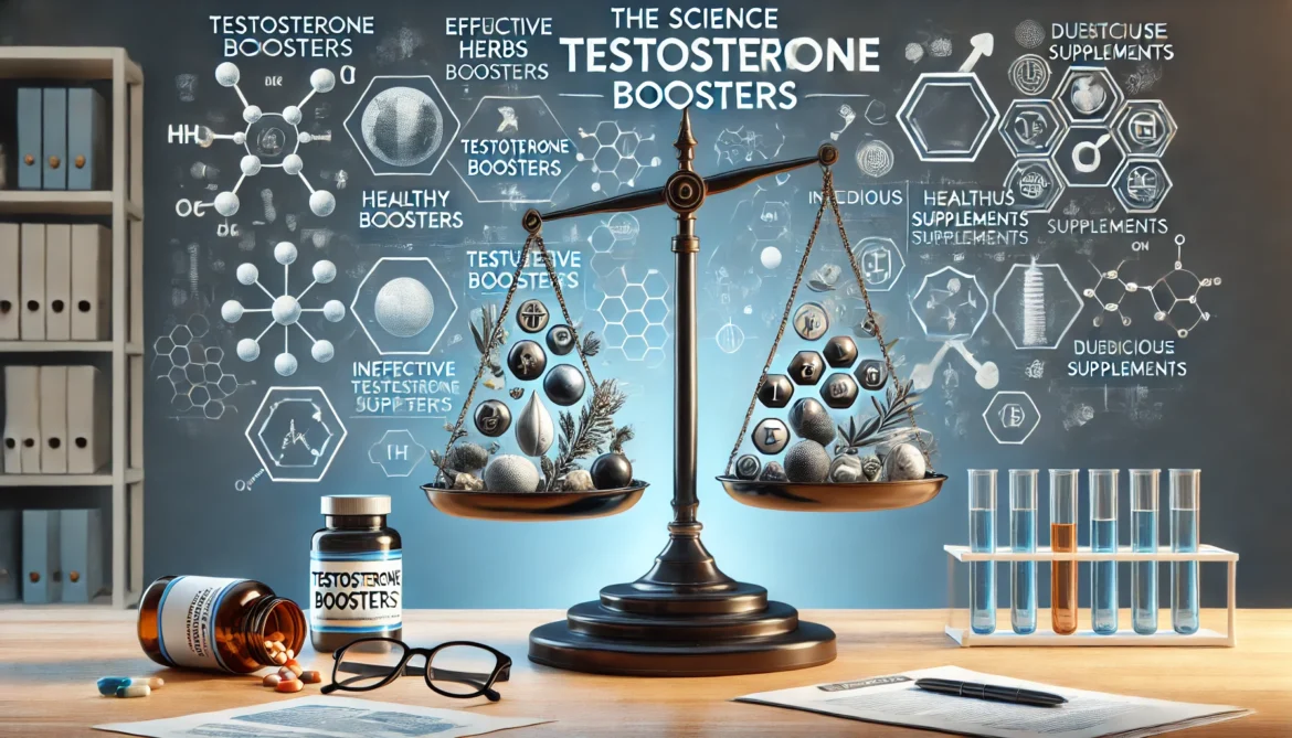 DALL·E 2024-06-24 13.39.26 – A detailed image showcasing the science behind testosterone boosters, highlighting what works and what doesn’t. The image features a balance scale wit